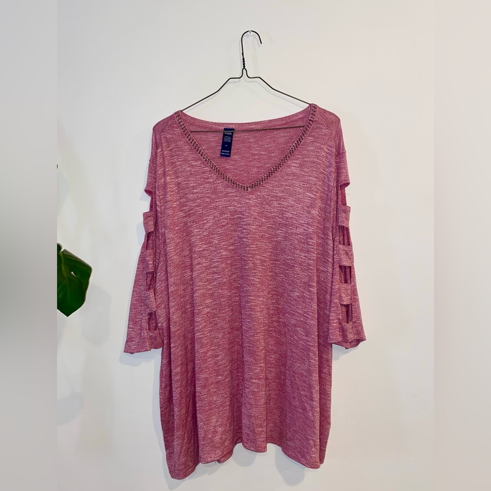 Pink rhinestone neckline blouse, 3/4 sleeve with cutout details